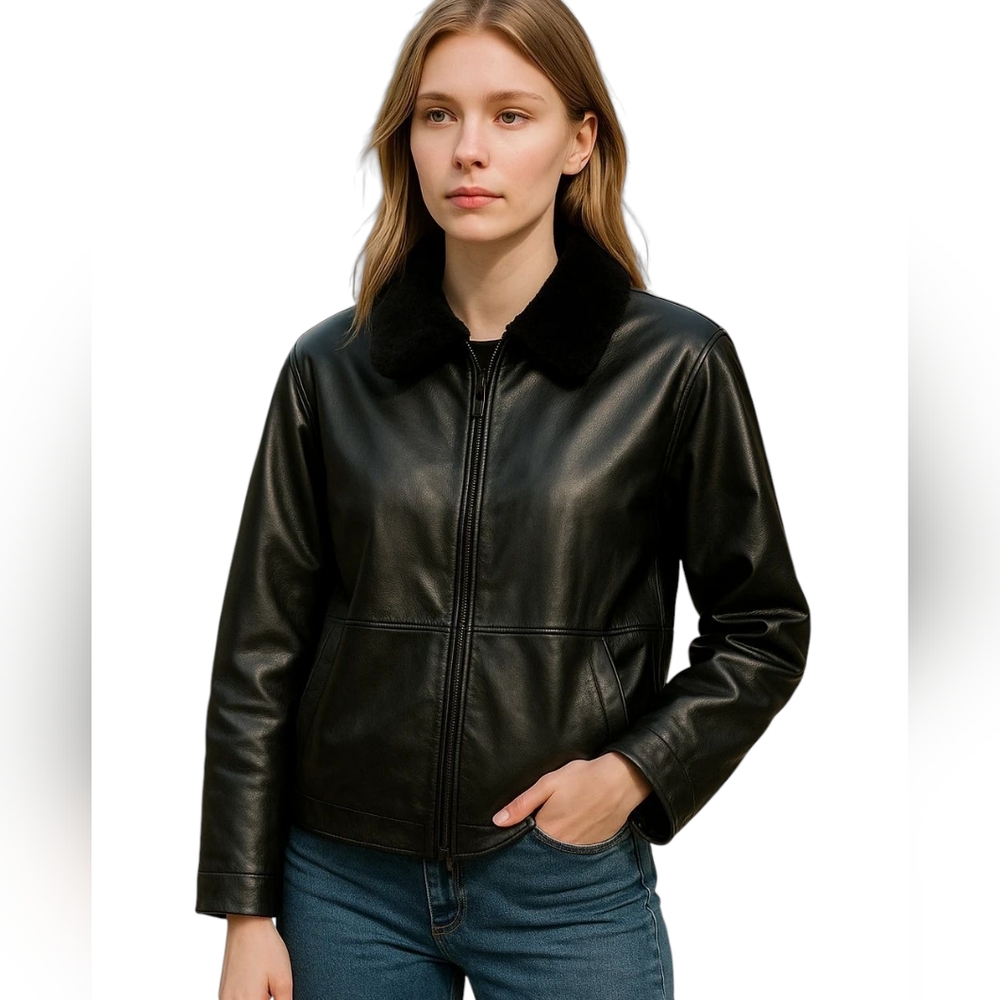 Passports Genuine Leather Faux Fur Collar Black Jacket Coat Womens Size Medium M